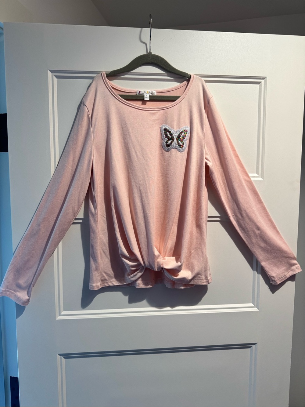 Girls' Long Sleeve Pink Knot-Front Tee w/ Butterfly Patch – Large